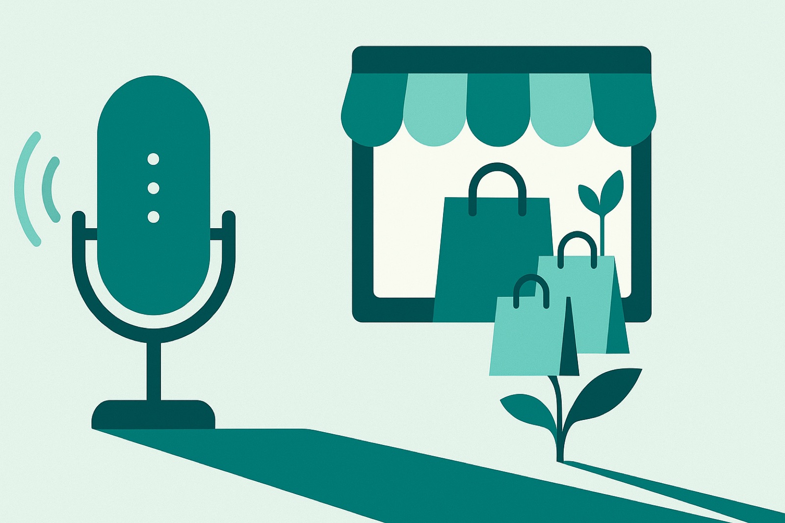 Flat teal illustration of a podcast microphone beside a storefront window with shopping bags and a sprouting plant, representing scaling an eCommerce brand