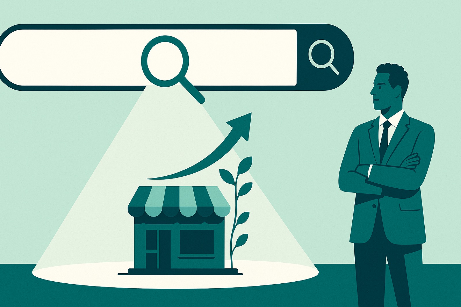 Flat teal illustration of a search bar and magnifying glass spotlighting a small storefront with an upward growth arrow, symbolising Google Ads growing a South African business