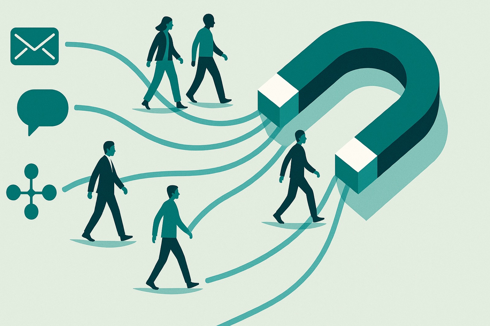 Flat teal illustration of a large magnet drawing in business people along four outreach channels
