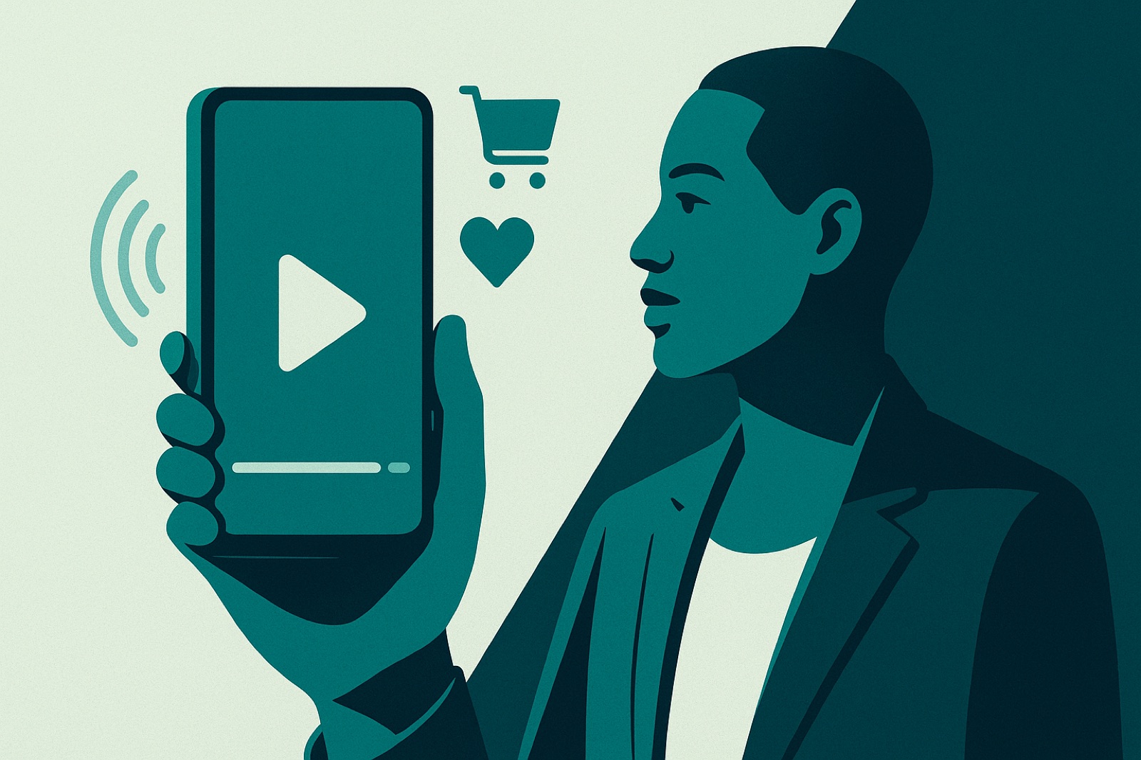Person holding a smartphone playing a short-form video with a play button, sound waves and shopping engagement icons